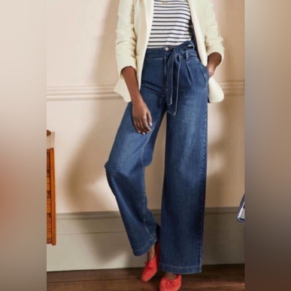Boden Denim - Boden Belted Wide‎ Leg Jeans Size 10 R Blue Business Casual
